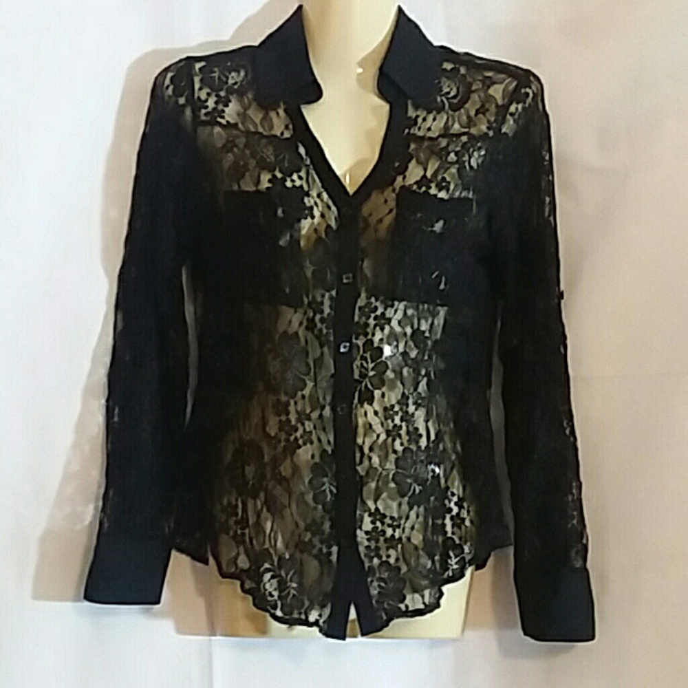 Express Portofino Shirt Womens XS Black Metallic Sheen Floral Lace Top